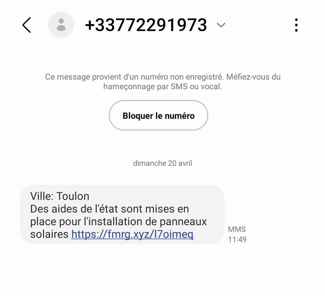 ConcombreThe's tweet photo. Des sms sont envoyés maintenant pour les villes pour des panneaux solaires avec des liens frauduleux 
Ex: #toulon https://t.co/0LwJp4gxeq