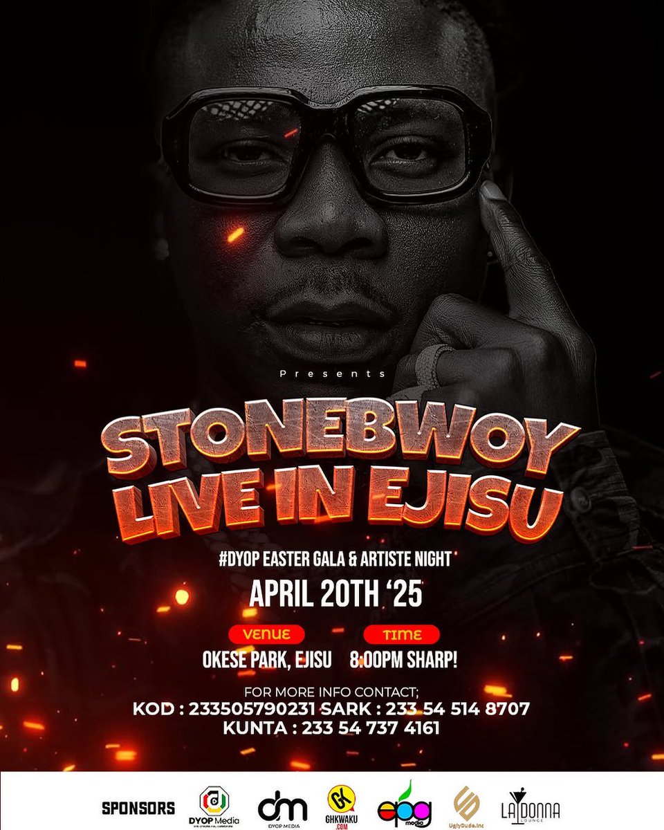 BhimFanPage's tweet photo. .@STONEBWOY, Reigning Telecel Ghana Music Awards, ‘Artist of the Year’ will TONIGHT headline the #DYOP Easter Gala &amp; Artist Night inside Ejisu.

The Event will take place at the ‘Okese Park’ and starts at 8PM. https://t.co/bomNTjQvut