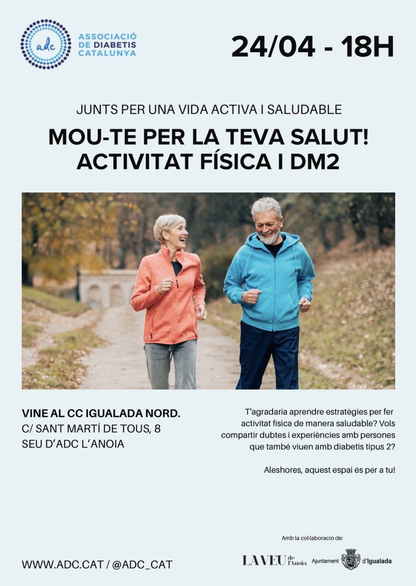 🟢 Aprèn estratègies per fer activitat física de manera saludable i comparteix els teus dubtes amb altres persones que també conviuen amb #diabetismellitustipus2👇

🗓️ 24 d’abril a les 18 h
📍 Centre Cívic Nord d’Igualada

Formulari d’inscripció: adc.playoffinformatica.com/activitat/432/…