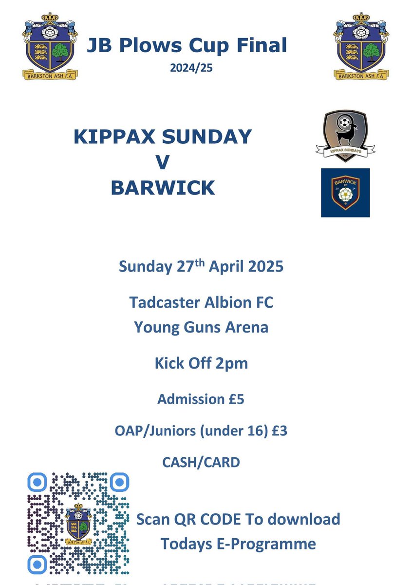 brian coutts⭐⭐️🔴⚪️🏴 (@couttsba) on Twitter photo Next up is 2 Leeds Combination sides in the <a href="/BarkstonAshFA/">Barkston Ash FA</a> JB Plows Cup Final. <a href="/kippaxsundays/">Kippax Sundays</a> are out to make it 3 in a row and Barwick FC will want to put their name on the trophy for the first time. Next up is 2 Leeds Combination sides in the <a href="/BarkstonAshFA/">Barkston Ash FA</a> JB Plows Cup Final. <a href="/kippaxsundays/">Kippax Sundays</a> are out to make it 3 in a row and Barwick FC will want to put their name on the trophy for the first time.