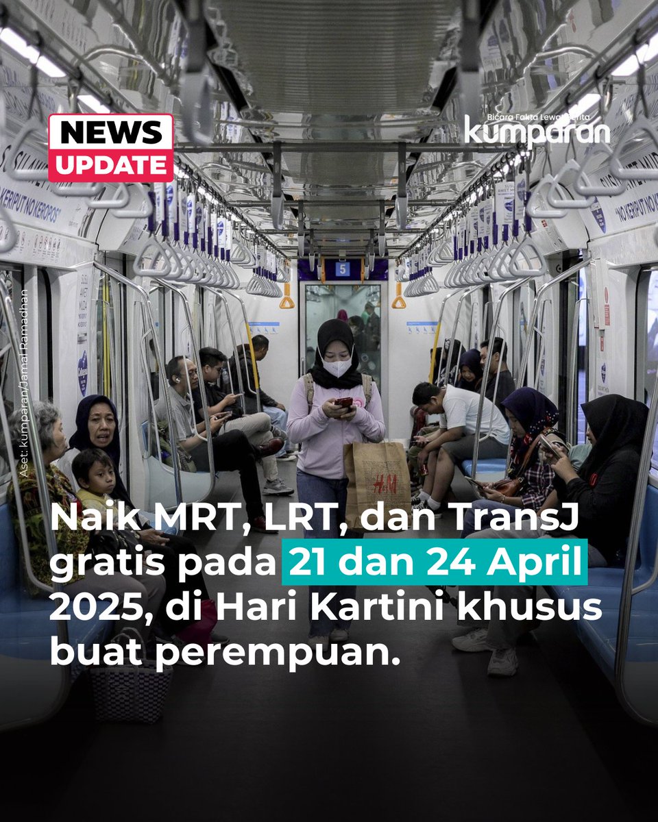 kumparan's tweet photo. Pemprov DKI gratiskan Transjakarta, MRT, dan LRT bagi perempuan selama 24 jam di Hari Kartini, 21 April. Seluruh warga bisa nikmati gratis transportasi umum pada 24 April saat Hari Transportasi Nasional. #newsupdate #update #news #oneliner https://t.co/QnWWBpjGtM https://t.co/y3zm5JB3Ml