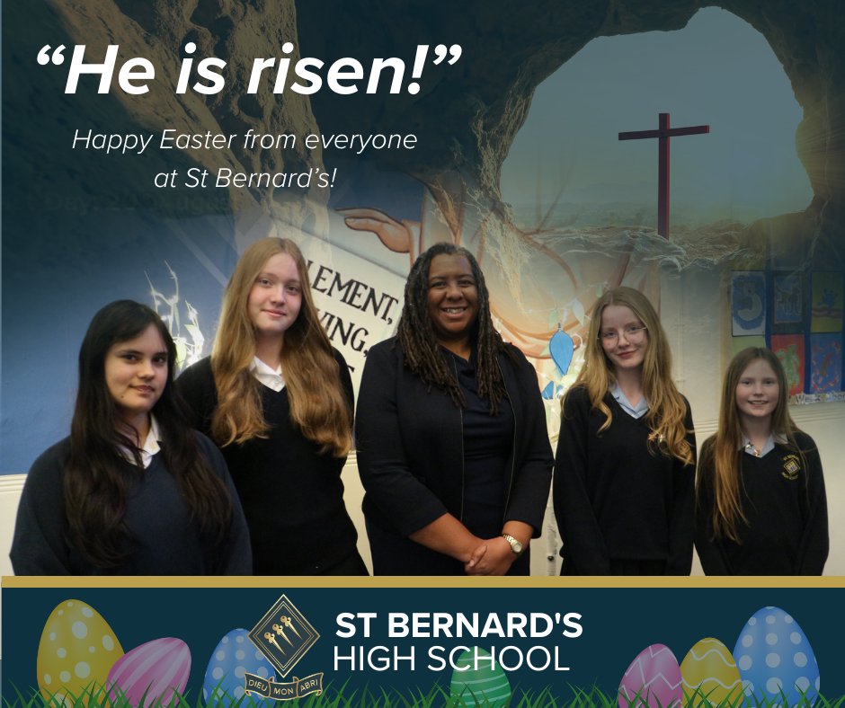 "Wishing you a very Happy Easter from St. Bernard's School! 🐰🥚 Let's rejoice in the resurrection and look forward to the start of the summer term with hope and excitement. #HappyEaster #Resurrection #StBernardsSchool"