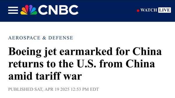 A Boeing 737 Max just flew 5000 miles from Seattle to China. Then back to Seattle.
It has been returned by the Chinese buyer after Beijing imposed 125% retaliatory tariffs.