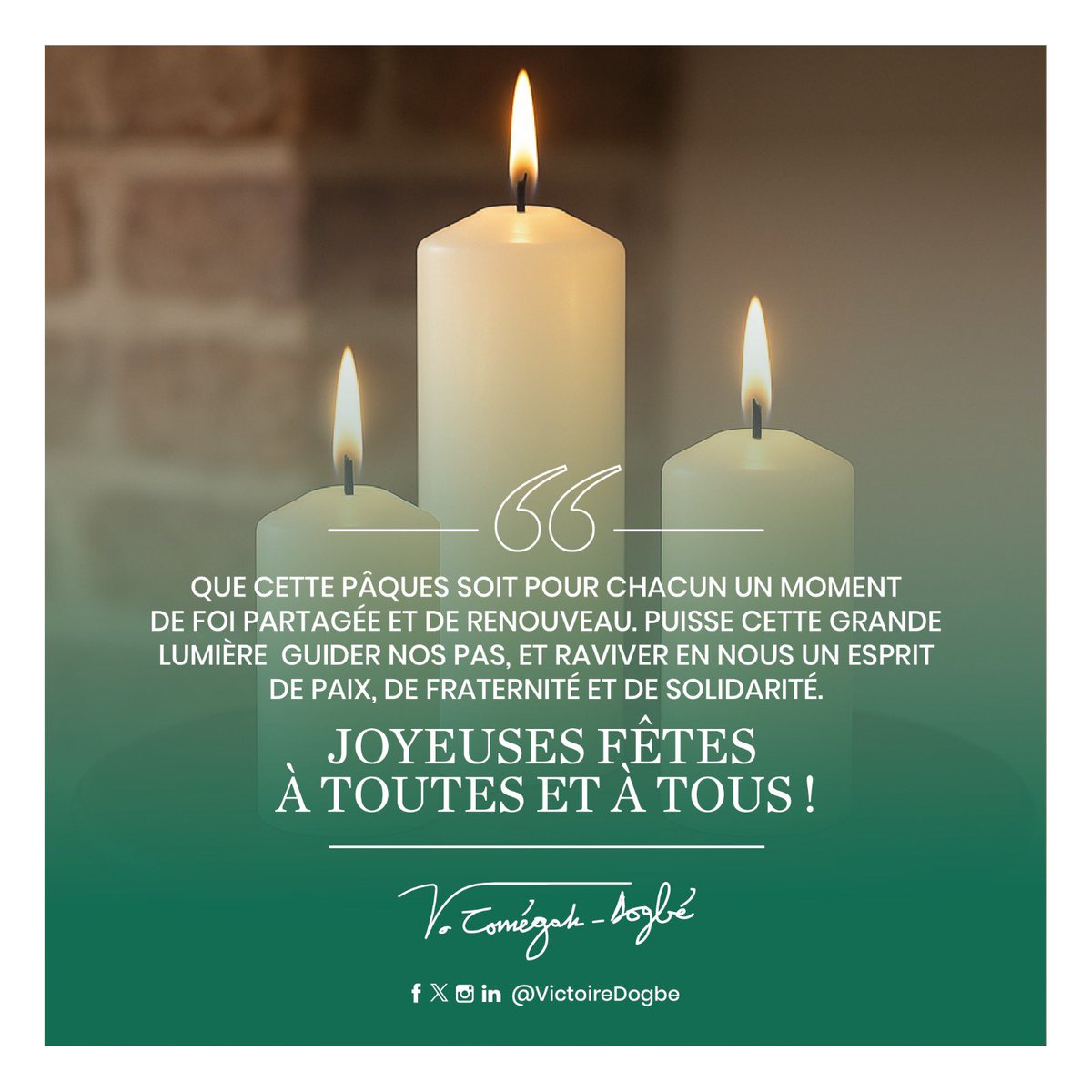 Que cette Pâques soit pour chacun un moment de foi partagée et de renouveau. Puisse cette grande lumière guider nos pas, et raviver en nous un esprit de paix, de fraternité et de solidarité. 

Joyeuses fêtes à toutes et à tous !