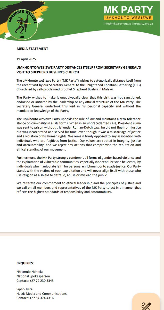 MKPartyy's tweet image. UMKHONTO WESIZWE PARTY DISTANCES ITSELF FROM SECRETARY GENERAL'S VISIT TO SHEPHERD BUSHIRI'S CHURCH