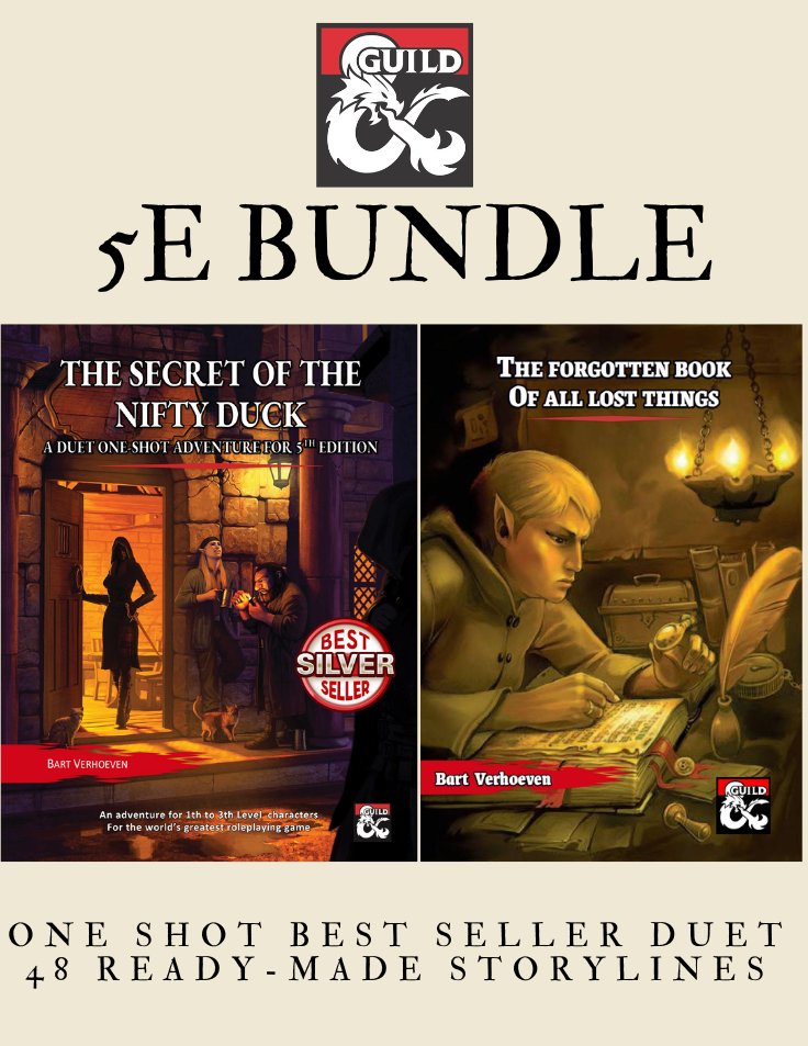 With this new 5e bundle you save 35% and get the Silver Best Seller Duet Oneshot ‘The Secret of the Nifty Duck’ + 48 ready-made storylines and scrollable tables in ‘The Forgotten Book of All Lost Things’.
✨Get it now at DMs Guild: tinyurl.com/2svxbk86 
#ttrpgcommunity #DnD