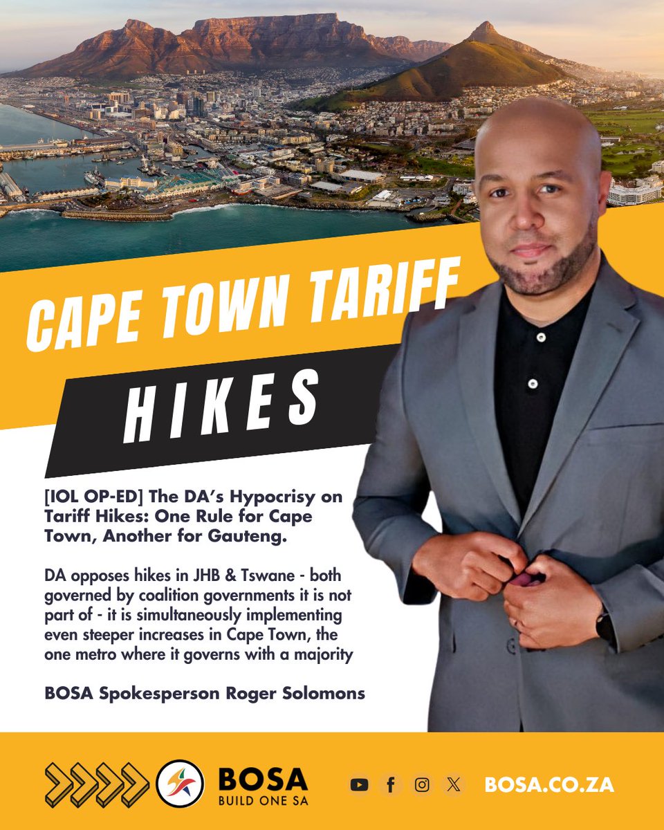 The DA’s Hypocrisy on Tariff Hikes: One Rule for Cape Town, Another for Gauteng.

DA opposes hikes in JHB &amp; Tswane - both governed by coalition governments it is not part of - it is simultaneously implementing even steeper increases in Cape Town, the one metro where it governs