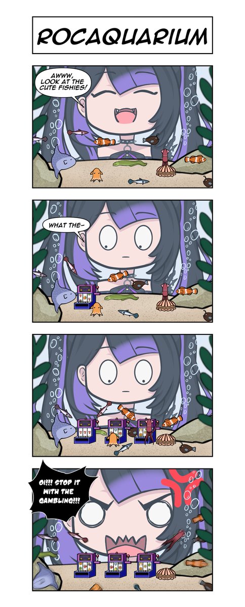 Last time on #idolalert, you asked us to make a comic strip using our oshi.

This one is a throwback to an early Roca stream where the feesh in her (virtual) aquarium discovered the gamba. Legend says they still gamba to this day...

!gamble

#RocaLoca #ArtRoc