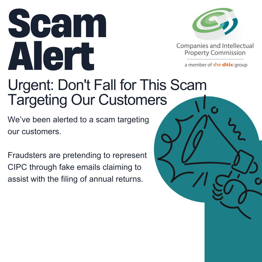 theCIPC's tweet photo. ๐จ Scam Alert! ๐จ
Stay vigilant and use the correct CIPC channels for your annual returns. Only use the official website: https://t.co/p1SVkqhXUu. Report any suspicious activity.
#CIPC #ScamAlert #ThinkCIPC #yourbusinessourfocus #StaySafe https://t.co/EJsuqWCSkZ