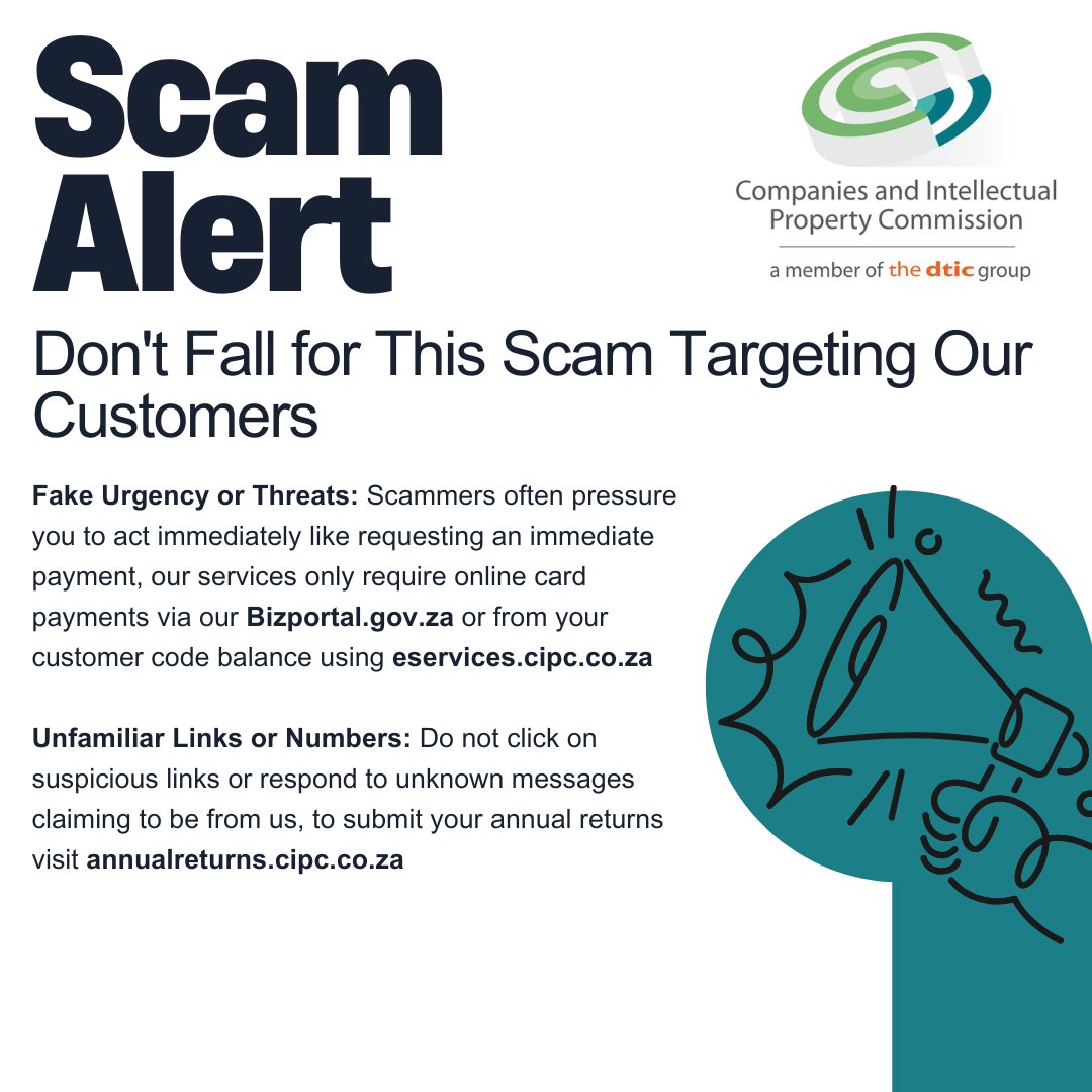 theCIPC's tweet photo. ๐จ Scam Alert! ๐จ
Stay vigilant and use the correct CIPC channels for your annual returns. Only use the official website: https://t.co/p1SVkqhXUu. Report any suspicious activity.
#CIPC #ScamAlert #ThinkCIPC #yourbusinessourfocus #StaySafe https://t.co/EJsuqWCSkZ