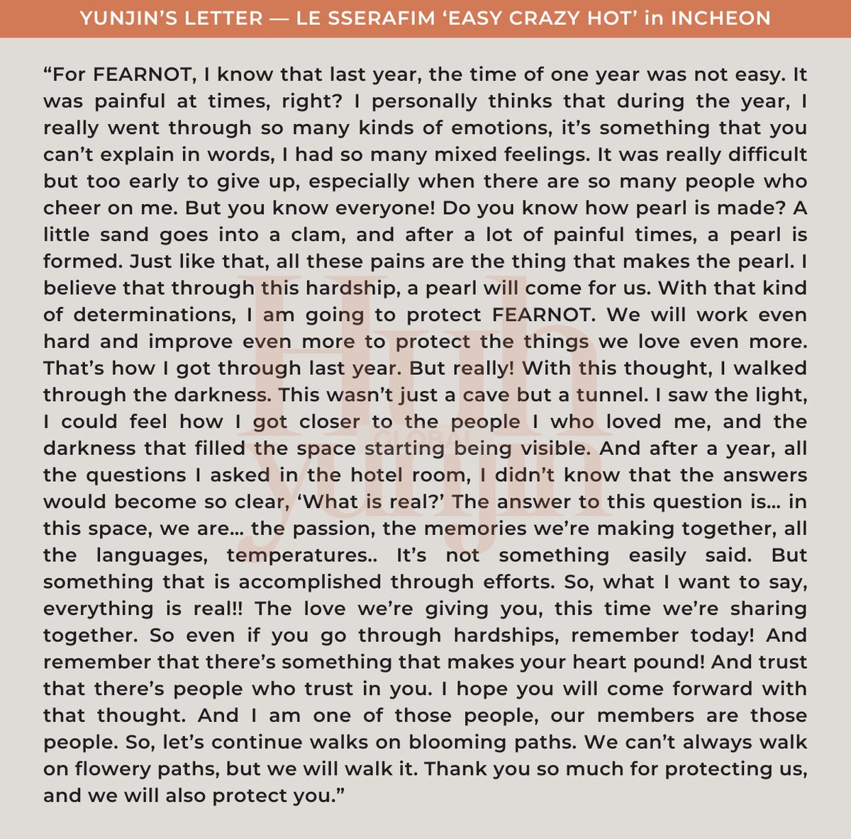 [INFO] 250420

#YUNJIN’s Ending Ment Letter — LE SSERAFIM ‘EASY CRAZY HOT’ Tour in Incheon

#LE_SSERAFIM_HOT #HUHYUNJIN #허윤진 #ユンジン #LE_SSERAFIM #르세라핌 <a href="/le_sserafim/">LE SSERAFIM</a> <a href="/IM_LESSERAFIM/">르세라핌</a>