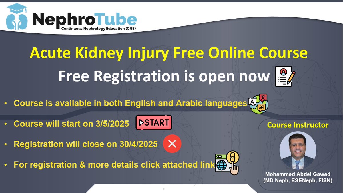 Mohammed Abdel Gawad (@gawad_nephro) on Twitter photo Free registration is now open for NephroTube Acute Kidney Injury online course.
For registration & more details click this link: nephrotube.blogspot.com/p/acute-kidney…
<a href="/AfricanAFRAN/">African Association of Nephrology (AFRAN)</a>
<a href="/ISNkidneycare/">Int Society of Nephrology</a>
<a href="/valerie_luyckx/">Valerie Luyckx</a>
<a href="/Rasha_Darwish_/">Rasha Darwish</a>
<a href="/dalatif/">Dina Abdellatif</a>
<a href="/neveenase/">Neveen Soliman</a> Free registration is now open for NephroTube Acute Kidney Injury online course.
For registration & more details click this link: nephrotube.blogspot.com/p/acute-kidney…
<a href="/AfricanAFRAN/">African Association of Nephrology (AFRAN)</a>
<a href="/ISNkidneycare/">Int Society of Nephrology</a>
<a href="/valerie_luyckx/">Valerie Luyckx</a>
<a href="/Rasha_Darwish_/">Rasha Darwish</a>
<a href="/dalatif/">Dina Abdellatif</a>
<a href="/neveenase/">Neveen Soliman</a>