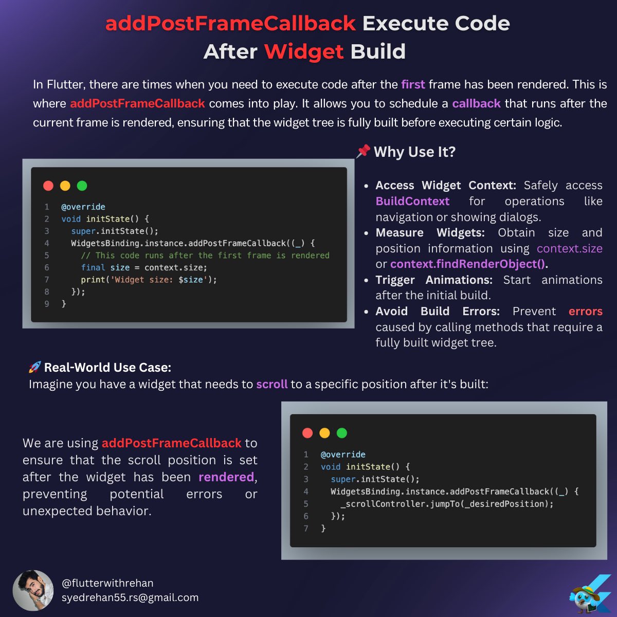 codewithrehan's tweet image. 🚀 𝐄𝐱𝐞𝐜𝐮𝐭𝐞 𝐂𝐨𝐝𝐞 𝐀𝐟𝐭𝐞𝐫 𝐖𝐢𝐝𝐠𝐞𝐭 𝐁𝐮𝐢𝐥𝐝 𝐰𝐢𝐭𝐡 𝐚𝐝𝐝𝐏𝐨𝐬𝐭𝐅𝐫𝐚𝐦𝐞𝐂𝐚𝐥𝐥𝐛𝐚𝐜𝐤!
#Flutter #FlutterDev #MobileDevelopment #TechTips #AddPostFrameCallback #AppDevelopment #CodingTips
