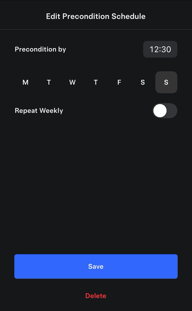froggy58400's tweet photo. @Tesla I think there is something wrong with the schedule feature of the iOS app. I selected a one-off precondition and it keeps on doing it weekly until I delete it! https://t.co/tGXt07wjZM