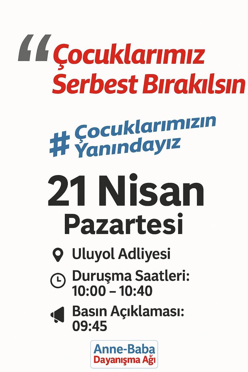 Çocuklarımızın çağrısıdır; “Bizi içeriden almadan gündemden düşürmeyin.”
Serbest bırakılmayan,tutuksuz yargılanan,ev hapsi,adli kontrol şartı verilen çocuklarımızın hakları,özgürlükleri için 21 Nisan Pazartesi (yarın) 09.30’da Bursa Uluyol Adliyesi’ndeyiz.
#ÇocuklarımızİçinAdalet