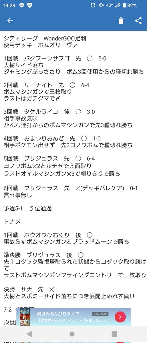 シティリーグS4　WonderGOO足利店
使用デッキ　ボムオリーヴァ
戦績　予選5-1　トナメ2-1　準優勝
本当に惜しかった！！！
次は絶対勝つぞ！！！