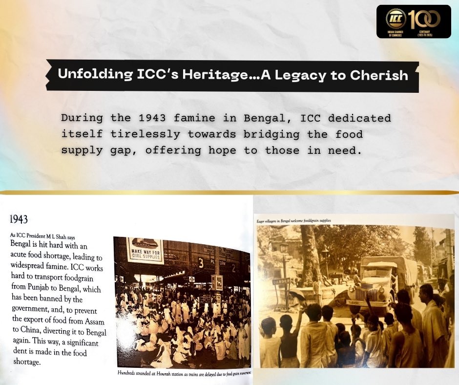 Indian Chamber of Commerce (ICC) played a crucial role during the Bengal Famine in 1943, a devastating event that led to the deaths of millions due to starvation and disease.  

ICC, recognising the severity of the crisis, took significant steps to alleviate the suffering of the