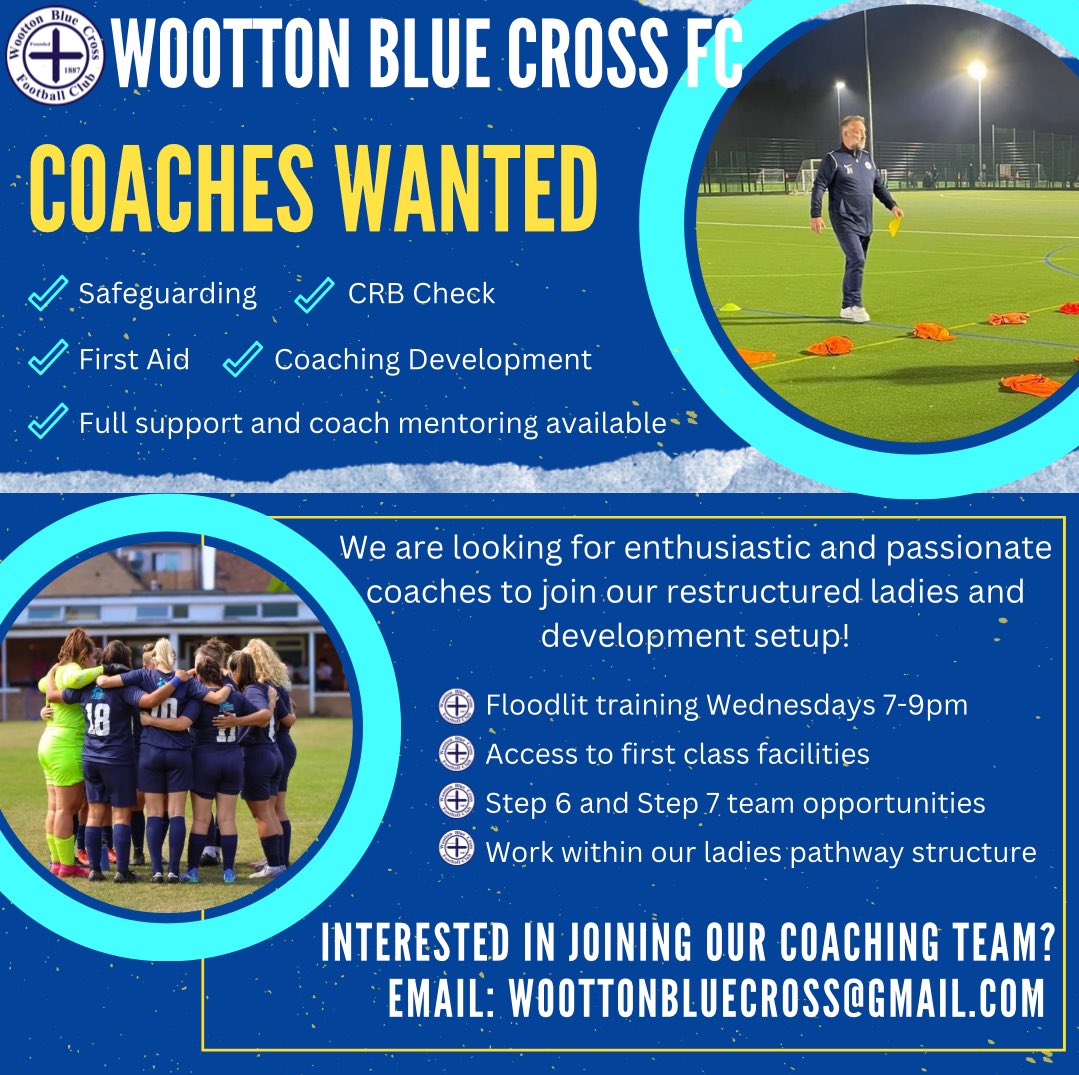 We are looking to expand our coaching team for the 2025/26 season. 

At Blue Cross we have fantastic facilities, and we are committed to driving forward ladies football. If you would like more information, get in touch 👇 

🔵✖️

#UTBC