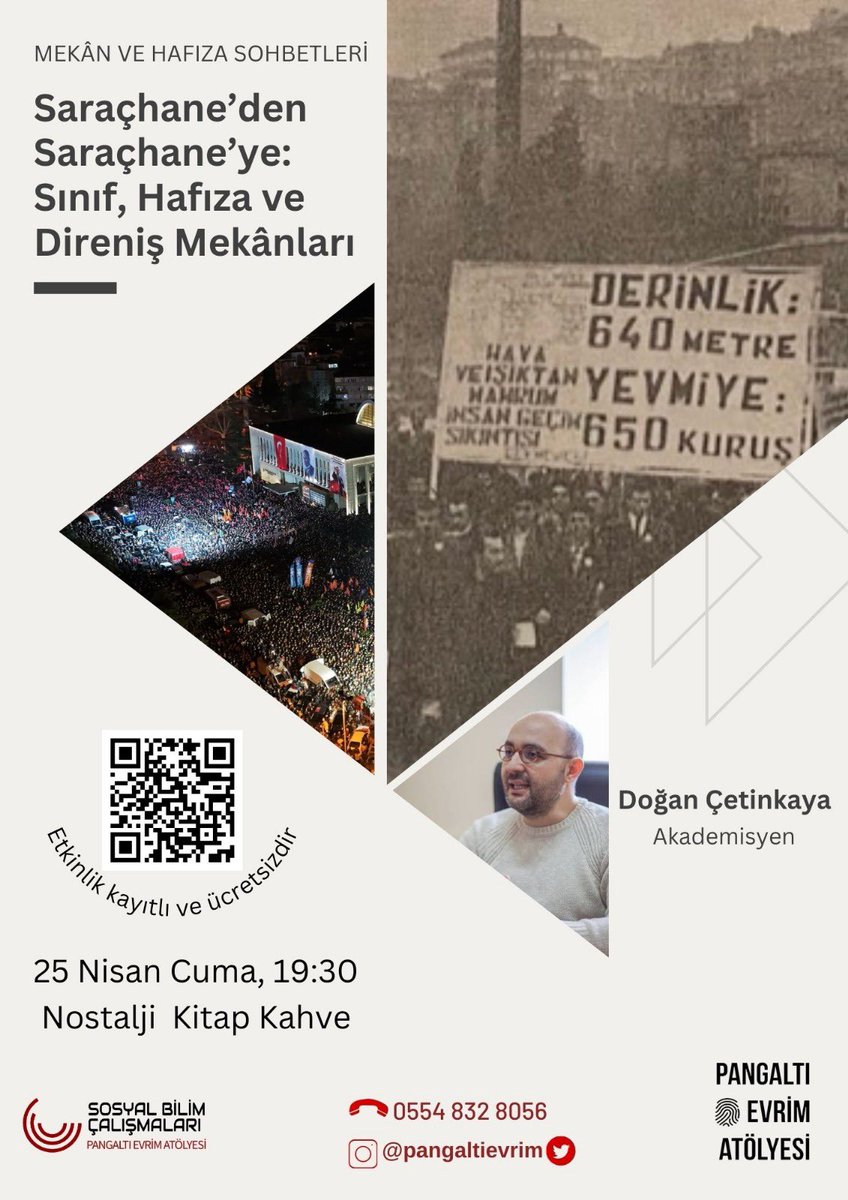 Mekân ve Hafıza Sohbetleri serisinin ikinci etkinliğinde, akademisyen   <a href="/ydogancetinkaya/">Y. Doğan Çetinkaya</a> ile buluşuyoruz.

📌 Etkinlik başlığı:
“Saraçhane’den Saraçhane’ye: Sınıf, Hafıza ve Direniş Mekânları”

🗓 25 Nisan Cuma
🕢 19:30
📍 Nostalji Kitap Kahve