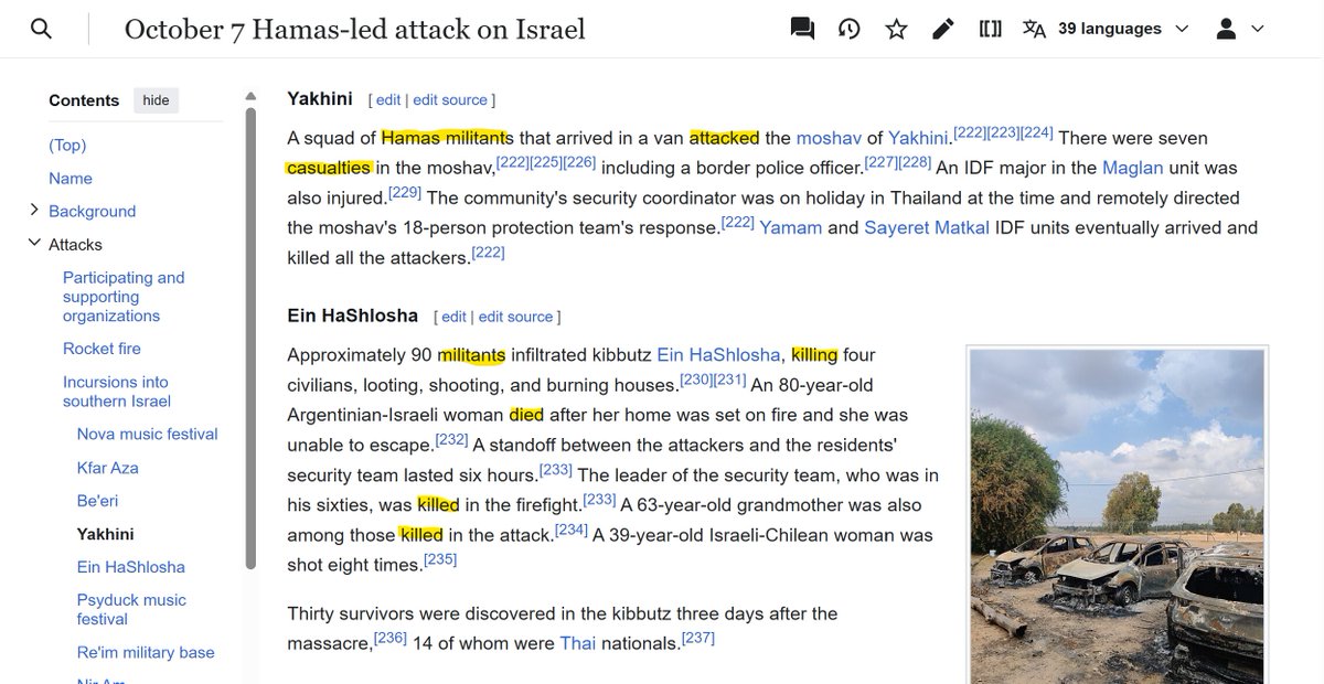 WikiBias's tweet photo. Wikipedia's laundering of the October 7 massacres is evident in efforts to delete or merge related articles into the main attack page and in using euphemisms to downplay the brutality. 
This must stop! https://t.co/71K0mUWlab