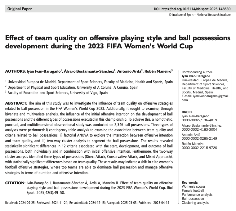 Iyanivanbarag's tweet photo. 📢 New research out!
We analyzed 2,346 possessions from the #FWWC2023 to explore how team quality shapes offensive styles ⚽📊
🔹 Top teams = more positional play
🔹 Lower-tier teams = more direct attacks
📖 #OpenAccess: https://t.co/sq7fc0GNt5
#WomensFootball #FootballAnalytic https://t.co/vhjVBnTjPK