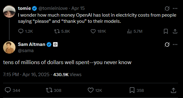 🚨#BREAKING: ChatGPT burns tens of millions on users saying “please” and “thank you”! 

OpenAI’s Sam Altman admits that polite prompts spike electricity costs, but says it’s “worth it.”