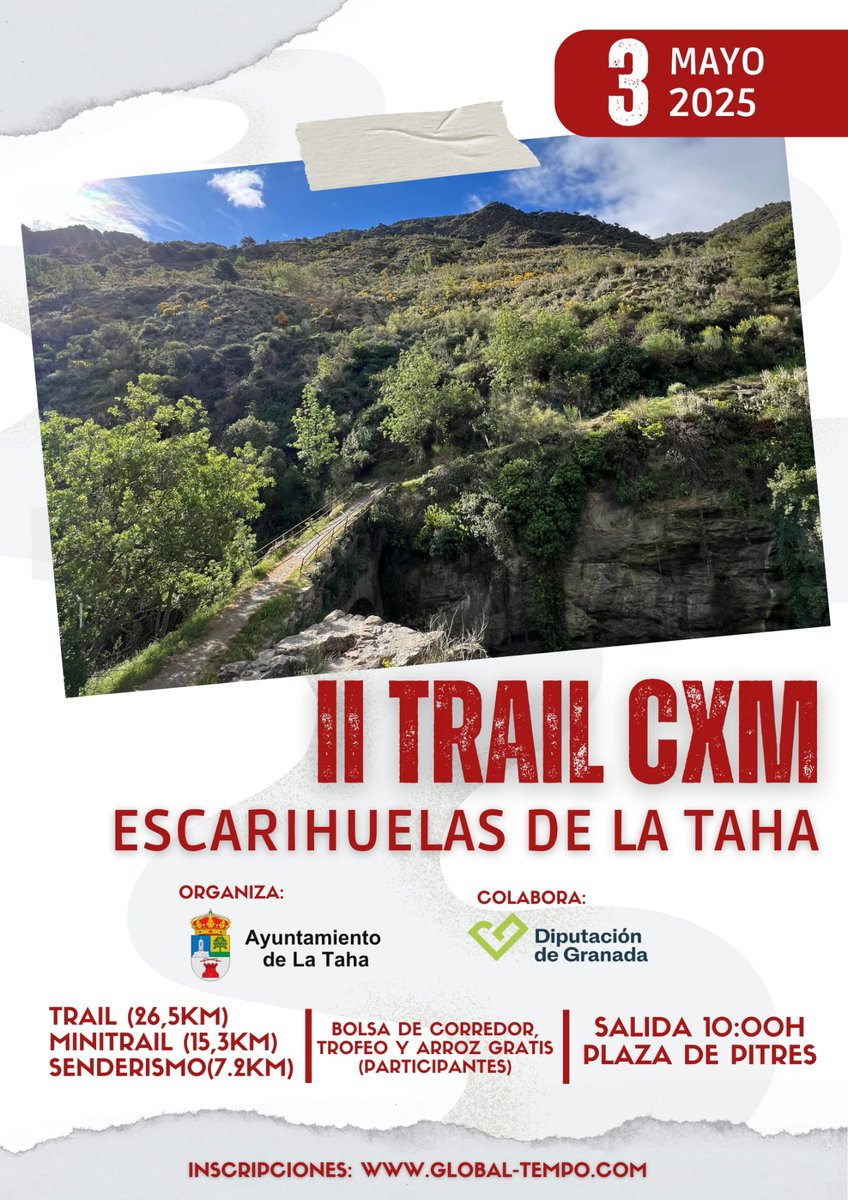 Una buena excusa para visitar Las Alpujarras.
II Trail CXM Escarihuelas de La Taha
3 de mayo de 2025
Inscripciones: global-tempo.com/carreras.php?i…