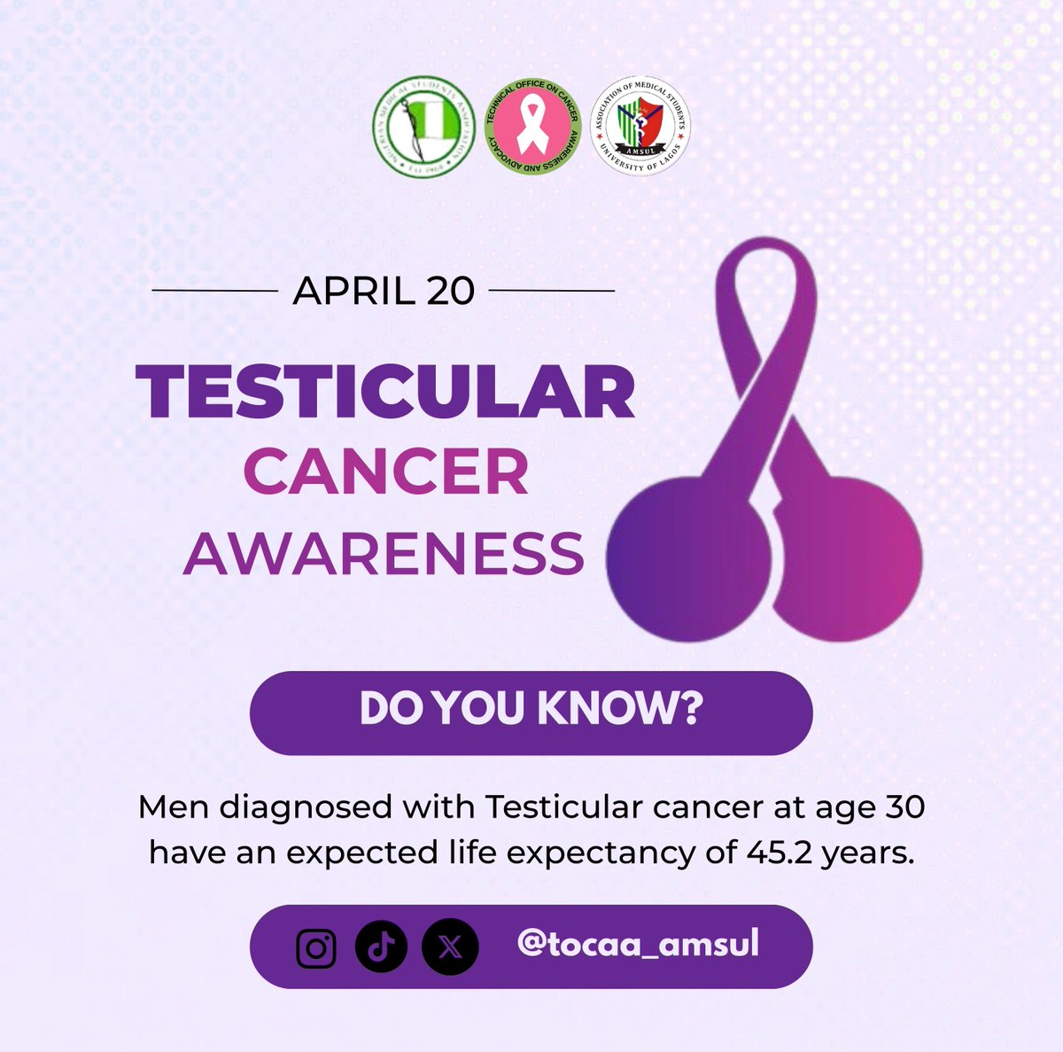 tocaa_amsul's tweet image. April 20th is Testicular Cancer Awareness Day, laying emphasis on the importance of early detection and proactive health.
Testicular cancer, while relatively rare, is the most common cancer in young men aged 15 to 35. 
#TesticularCancerAwarenessDay
#TOCAAAMSUL
#CheckYourNuts