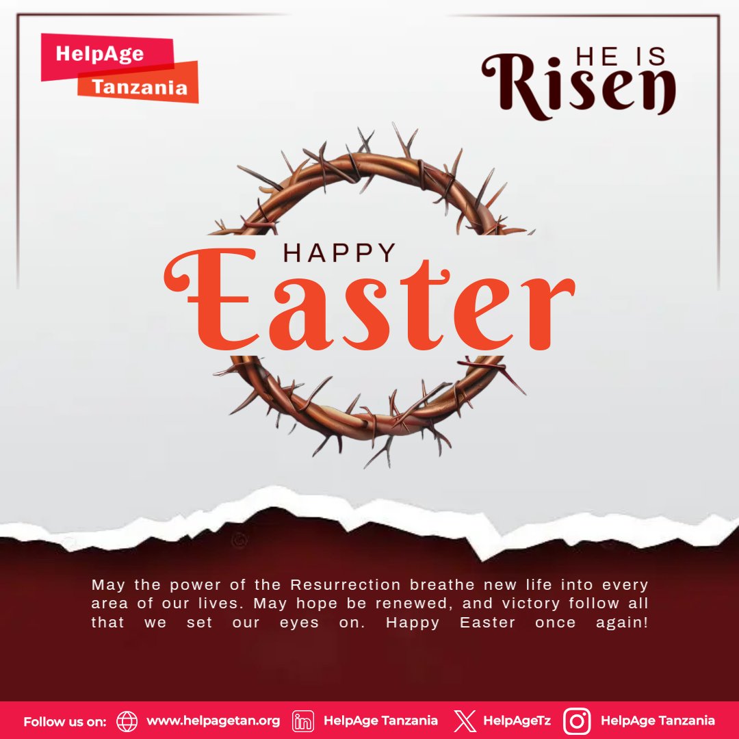 He is Risen! 🌸
Wishing you renewed strength, hope, and joy this Easter.
From all of us at HelpAge Tanzania — Happy Easter!

#EasterSunday #HelpAgeTz #HeIsRisen #EasterHope