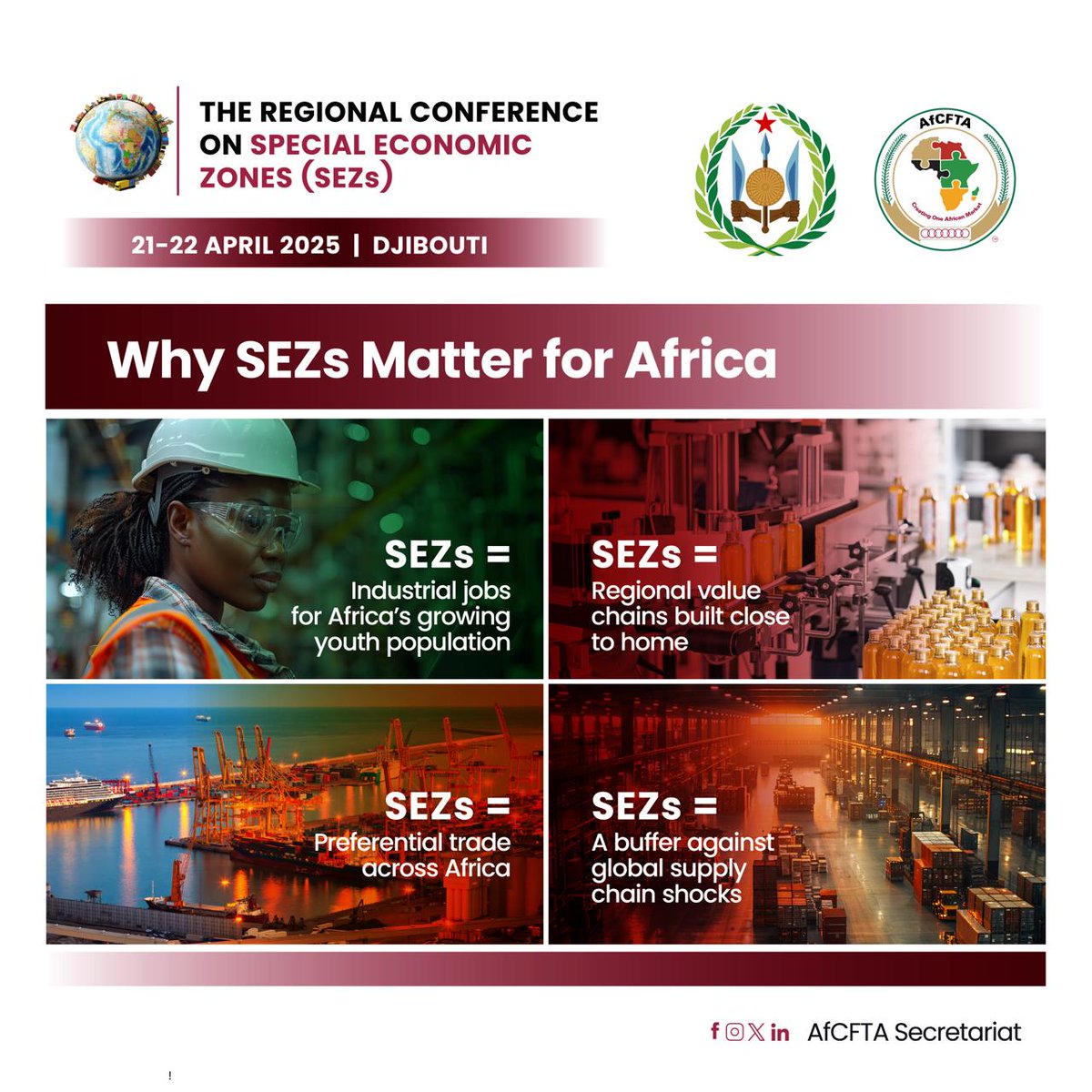 AfCFTA's tweet photo. Why SEZs?
Because Africa needs:
✔️ Industrial jobs for youth
✔️ Regional value chains
✔️ Resilient supply systems
✔️ Trade that transforms
From 21 to 22 April, we explore how SEZs can deliver on the AfCFTA’s promise.
#AfCFTA #CreatingOneAfricanMarket 
1/2 https://t.co/ToW9krvf2Q