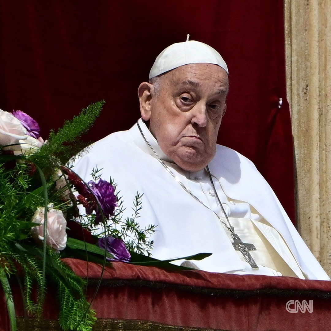 CNN's tweet image. Pope Francis appears from the balcony of St. Peter's Basilica to greet Easter Sunday crowds after briefly meeting with Vice President JD Vance: cnn.it/3YFUabb