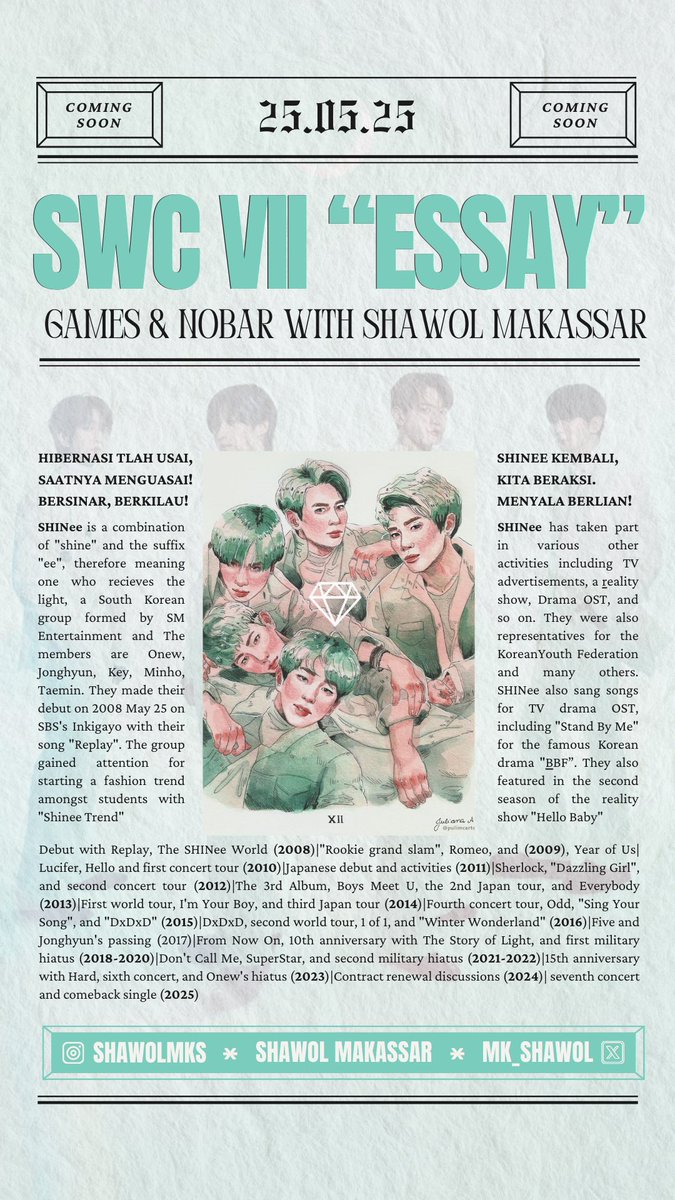 Annyeong Areumdawols!🩵

525 SHINee 17th Annversarry is almost here, guys! Buat semua Shawol yg berada di Sul-Sel dan belum ada schedule, yuk join Event 525nya Shawol Makassar! Untuk next info, stay tune ygy pokoknya dijamin serru, duarr, gebyarr!😆🥳🤩

 #SHINeeWORLDVII_ESSAY