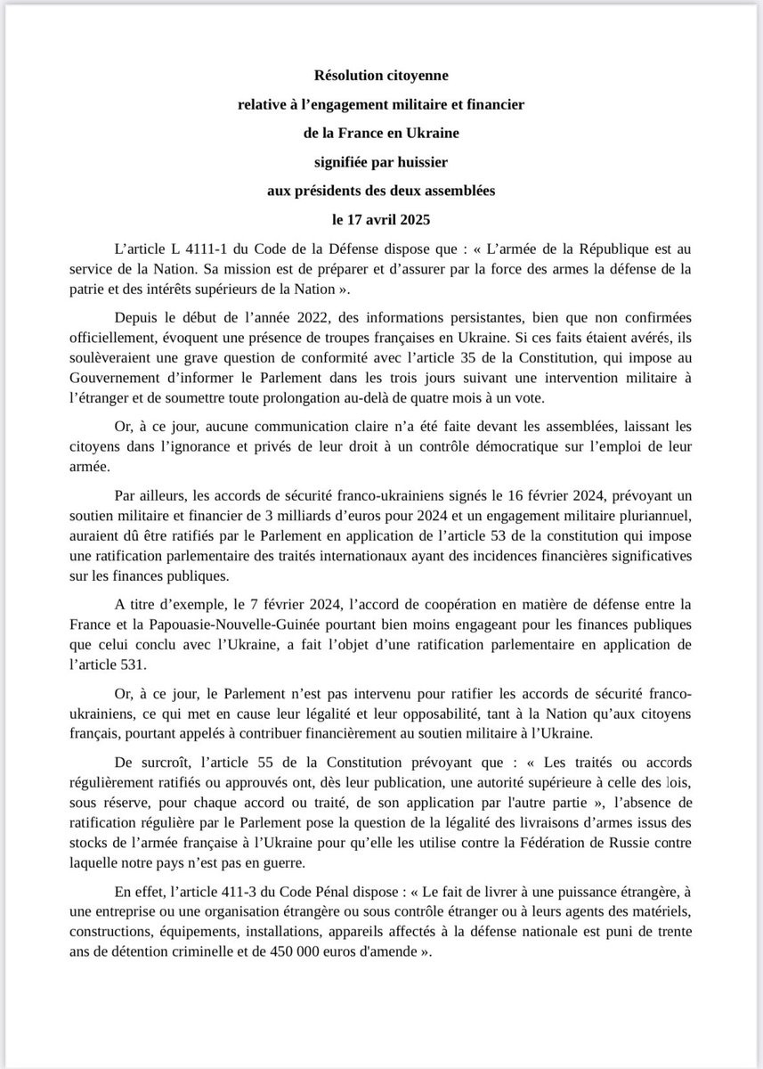 f_philippot's tweet photo. Bravo à ces dizaines de généraux (2S), amiraux, colonels, lieutenants-colonels, capitaines,…soldats qui viennent de publier ce manifeste pour demander la Paix en #Ukraine et l’arrêt de l’engagement délirant de la France !
Diffusons.

Ils exigent à raison l’application des articles 35 et 53 de la Constitution !
Un débat, une information, un vote !

Normalement les parlementaires devraient faire ce boulot, mais il ne le font pas !…

➡️ On se bat pour la Paix : grande manif nationale pour la Paix ce dimanche 27/04 rdv Paris 14h place du Palais Royal (départ du cortège 15h) ! Soyons tous au rdv !