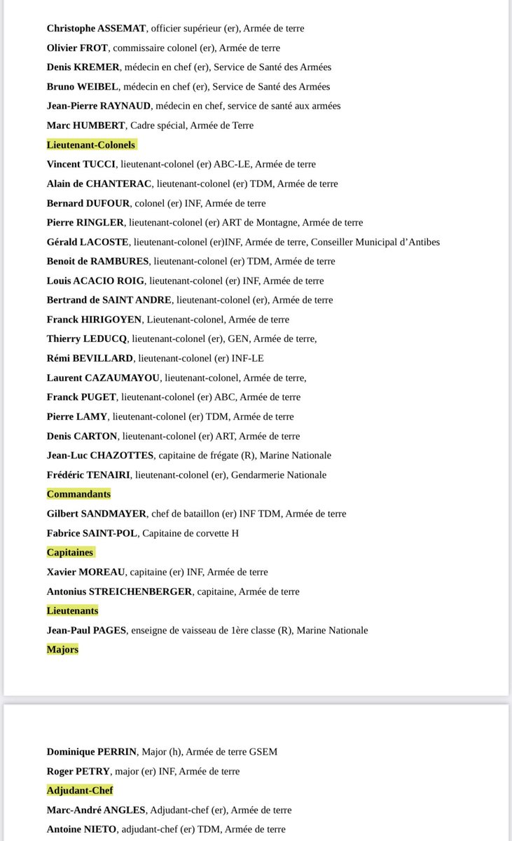 Bravo à ces dizaines de généraux (2S), amiraux, colonels, lieutenants-colonels, capitaines,…soldats qui viennent de publier ce manifeste pour demander la Paix en #Ukraine et l’arrêt de l’engagement délirant de la France !
Diffusons.

Ils exigent à raison l’application des