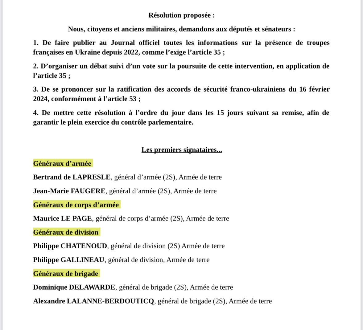 f_philippot's tweet photo. Bravo à ces dizaines de généraux (2S), amiraux, colonels, lieutenants-colonels, capitaines,…soldats qui viennent de publier ce manifeste pour demander la Paix en #Ukraine et l’arrêt de l’engagement délirant de la France !
Diffusons.

Ils exigent à raison l’application des articles 35 et 53 de la Constitution !
Un débat, une information, un vote !

Normalement les parlementaires devraient faire ce boulot, mais il ne le font pas !…

➡️ On se bat pour la Paix : grande manif nationale pour la Paix ce dimanche 27/04 rdv Paris 14h place du Palais Royal (départ du cortège 15h) ! Soyons tous au rdv !