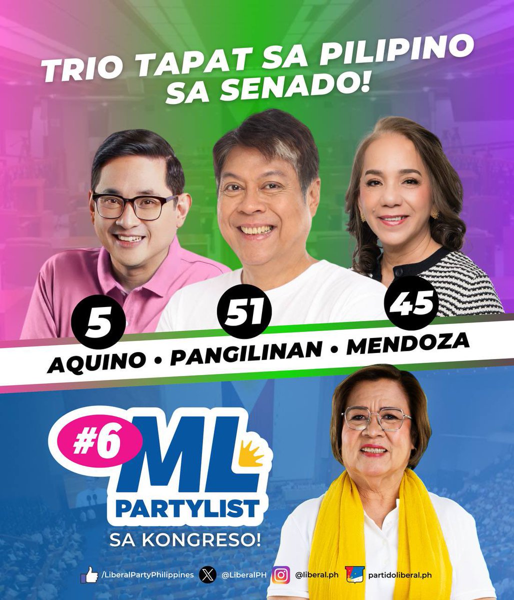 LiberalPH's tweet photo. Sa Senado: 5 Aquino, 51 Pangilinan at 45 Mendoza.

Sa Kongreso: 6 ML Partylist ni Manay Leila de Lima.

Ang mga #TapatSaPilipino, sama-sama nating dalhin sa Senado at Kongreso! 🇵🇭

#6MLPartylist #51PangilinanKiko #5AquinoBam #45MendozaHeidi https://t.co/Sg89QTW8sz