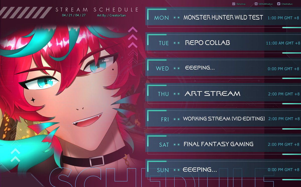 Dropping down this week's schedule~ 😽

This is temporary, still cooking up some interesting stuff to do on stream but feel free to pop on by!