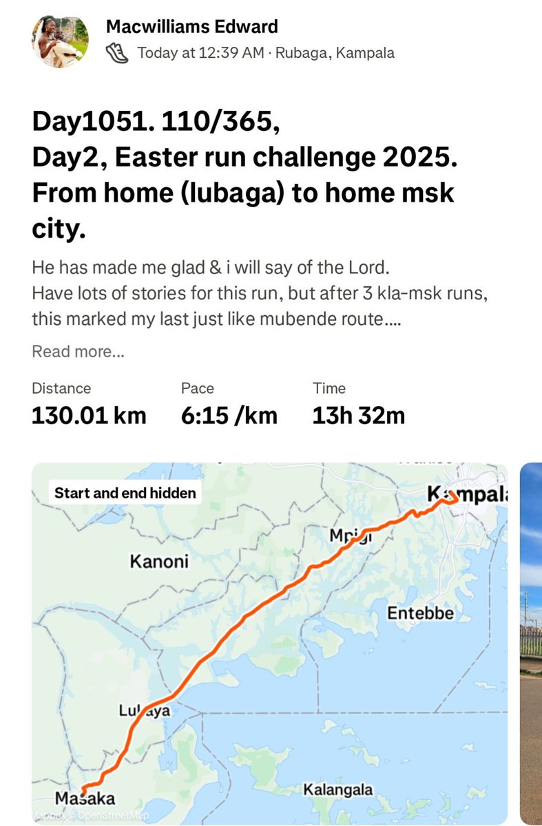 Mwembu_Mwembu's tweet photo. Yesterday was a real brutal. Running from Kla to masaka, over 15hrs on the road from midnight to 4pm, 130km distance covered on a busy road during festival days!.., all was good until I hit Lwera with no hydration, muscle pulls and alot changed but managed to make it to masaka. https://t.co/cY3UiZRI65