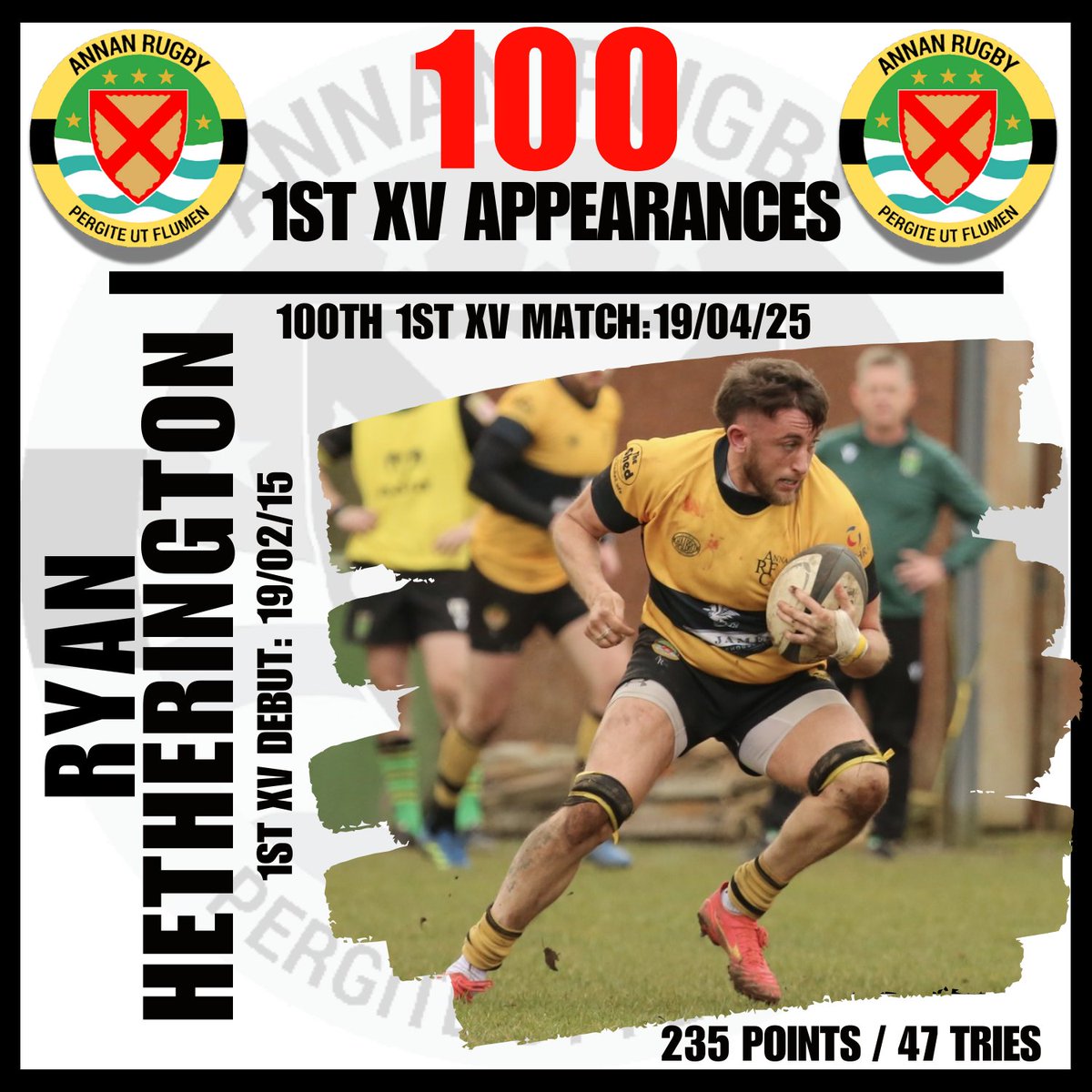 AnnanRugby's tweet photo. RYAN HETHERINGTON: 100 UP

Congrats to Ryan "Wibz" Hetherington who played his 100th match for the 1st XV yesterday

Top effort sir!

Ryan once again got himself onto the score sheet for his 16th try of the season to end the season as the 1st XV's top try scorer

#MonTheWibz https://t.co/zQ1k72Y2sK