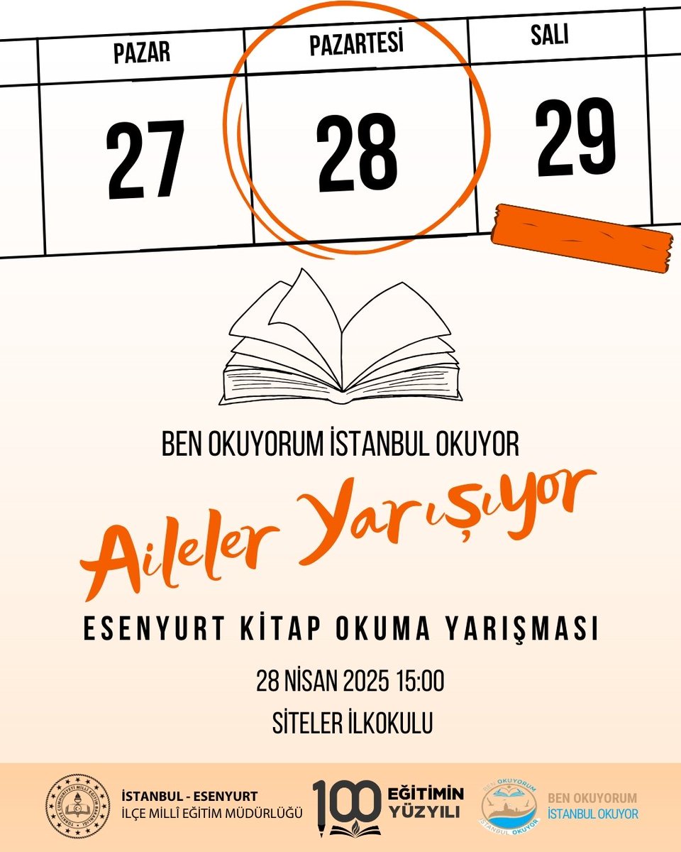 Ben Okuyorum İstanbul Okuyor
Aileler Yarışıyor
Esenyurt Kitap Okuma Yarışması

🗓️  28 Nisan 2025 Pazartesi 
🕒 15.00
📍  Siteler İlkokulu

<a href="/tcmeb/">Millî Eğitim Bakanlığı</a> <a href="/Yusuf__Tekin/">Yusuf Tekin</a> <a href="/tcesenyurt/">Esenyurt Kaymakamlığı</a> <a href="/CobanogluF/">Fatih Çobanoğlu</a> <a href="/istanbulilmem/">İstanbul İl Millî Eğitim Müdürlüğü</a> <a href="/MucahitYentur/">Murat Mücahit Yentür</a> <a href="/TayfunOzyolcu/">Tayfun ÖZYOLCU</a>