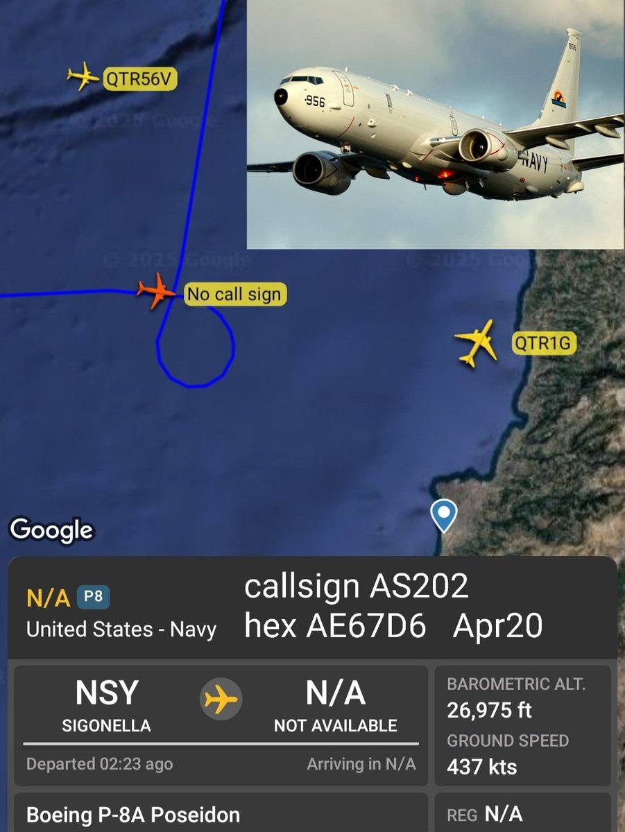 LebanonJets's tweet photo. At 1:38pm a #UnitedStates Navy #USN Boeing P8 aka "titanium sub hunter" entered #Lebanon's airspace for 15min before heading north, had to orbit for other commercial traffic
callsign #AS202 hex #AE67D6 https://t.co/KLugKwyDbC