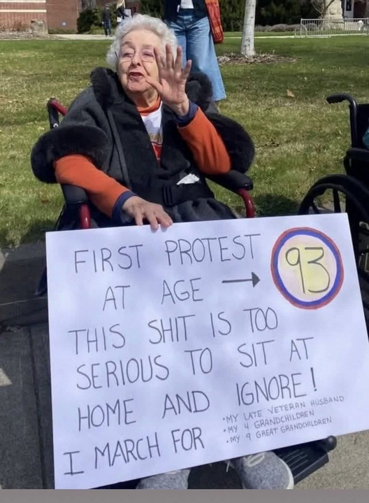 jack_timber987's tweet photo. Serious props to this 93 year old woman attending her first protest today at a 50501 rally against Donald Trump!
#50501protests #activism 
#StandUp #MarchForChange #AgeIsJustANumber #93AndStrong #ElderlyActivist #inspiration #DemandChange #SocialJustice #FightForYourRights https://t.co/0369SAVmT9