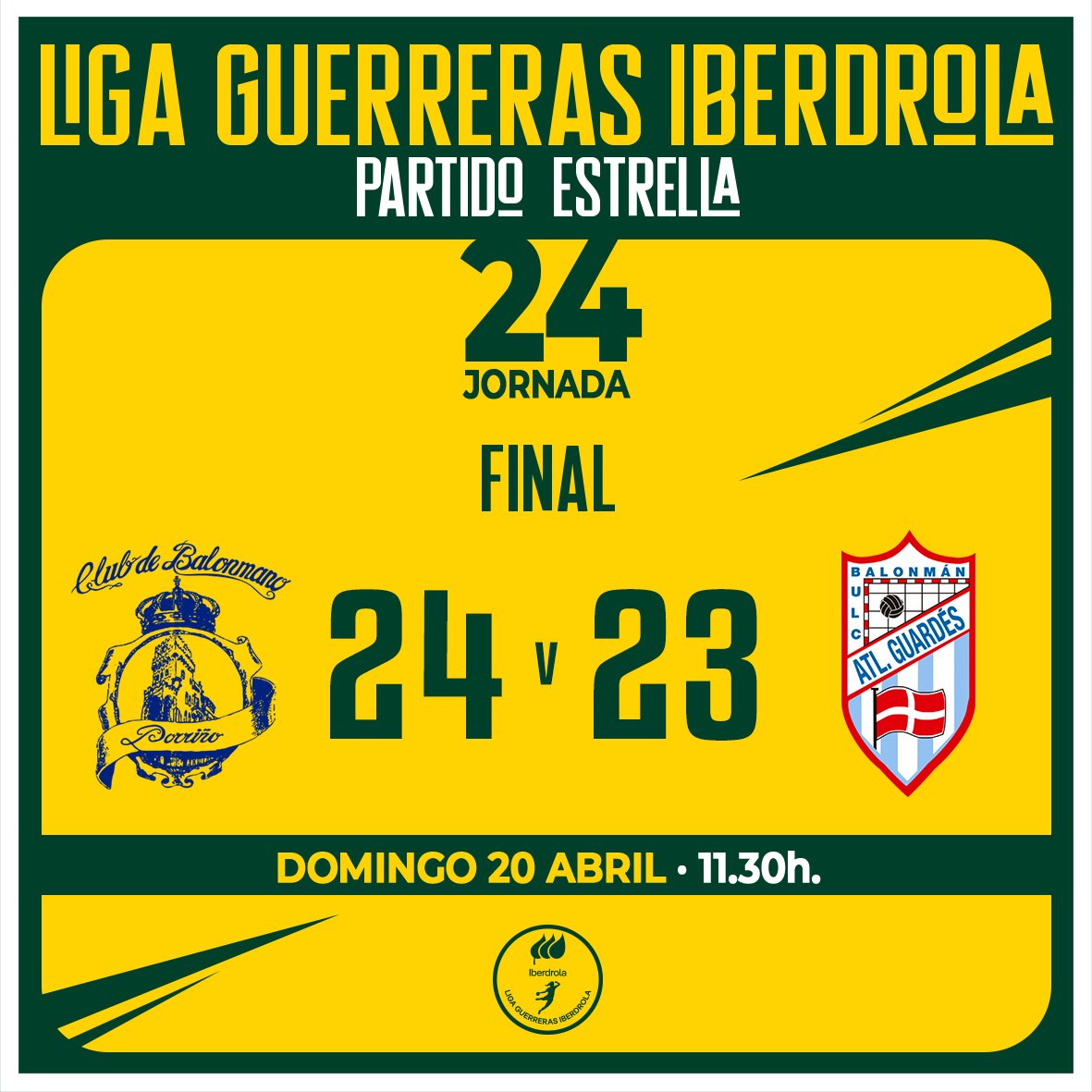 🏆 #LigaGuerrerasIberdrola
📌 Jornada 2⃣4⃣
⏱ 60' - Final

🆚 <a href="/BmPorrino/">Club Balonmán Porriño</a> 24 : 23 <a href="/Atlguardes_ofic/">Mecalia Atlético Guardés</a>
 
📺 <a href="/teledeporte/">Teledeporte</a> | <a href="/rtveplay/">RTVE Play</a>
 
📊 Estadísticas en directo 👉 resultadosbalonmano.isquad.es/competicion.ph…

#⃣ #Balonmano