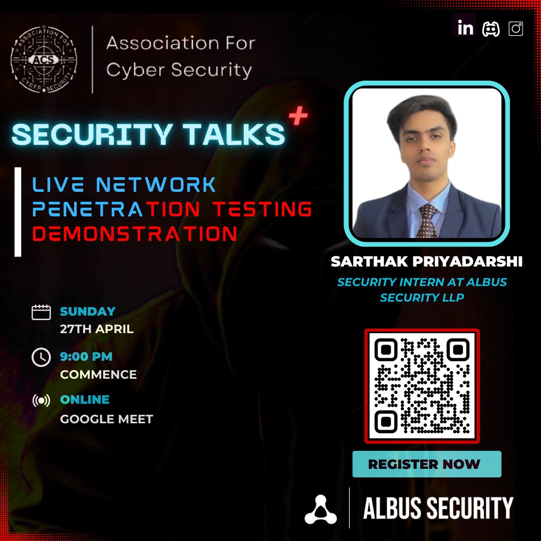 AniketT09523306's tweet photo. I am thrilled to announce that one of my talented interns will deliver a session at the highly anticipated Security Talk+ event, hosted by the Association for Cyber Security (ACS). Don’t miss out on this valuable opportunity; join the session by scanning the QR code. https://t.co/pcX23QLA89