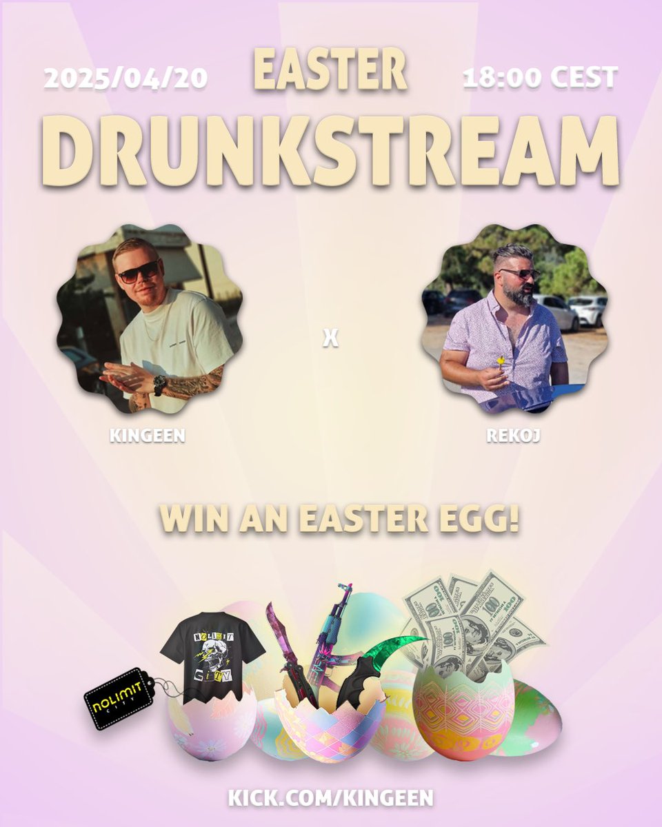 💸$25 GIVEAWAY💸
Ends in 24h

RT + Tag 1 Friend
Follow - kick.com/Kingeen
Tune in on the Easter stream today to win a lot of Prices🐣💸💸

Good Luck!🙏🏻
Cya on this stream 18:00 CEST🕰️