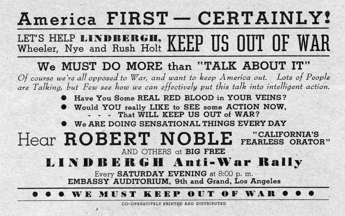 FrancescoWonder's tweet photo. @DavidSacks Have a look at how some Americans were tricked by isolationist and anti-war Charles Lindbergh and his friends of America First Committee to lobby for allowing Hitler to plow undisturbed into Europe. This was before Pearl Harbor. What they were saying looks familiar doesn't it? https://t.co/Fgb6a5M0sS