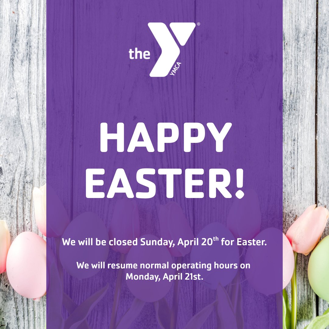 CCAYMCA's tweet photo. Happy Easter from our Y family to yours!

Just a reminder, the Y will be closed for Easter Sunday (April 20).  We will resume at our normal operating hours on Monday, April 21. https://t.co/LK6s196t0i