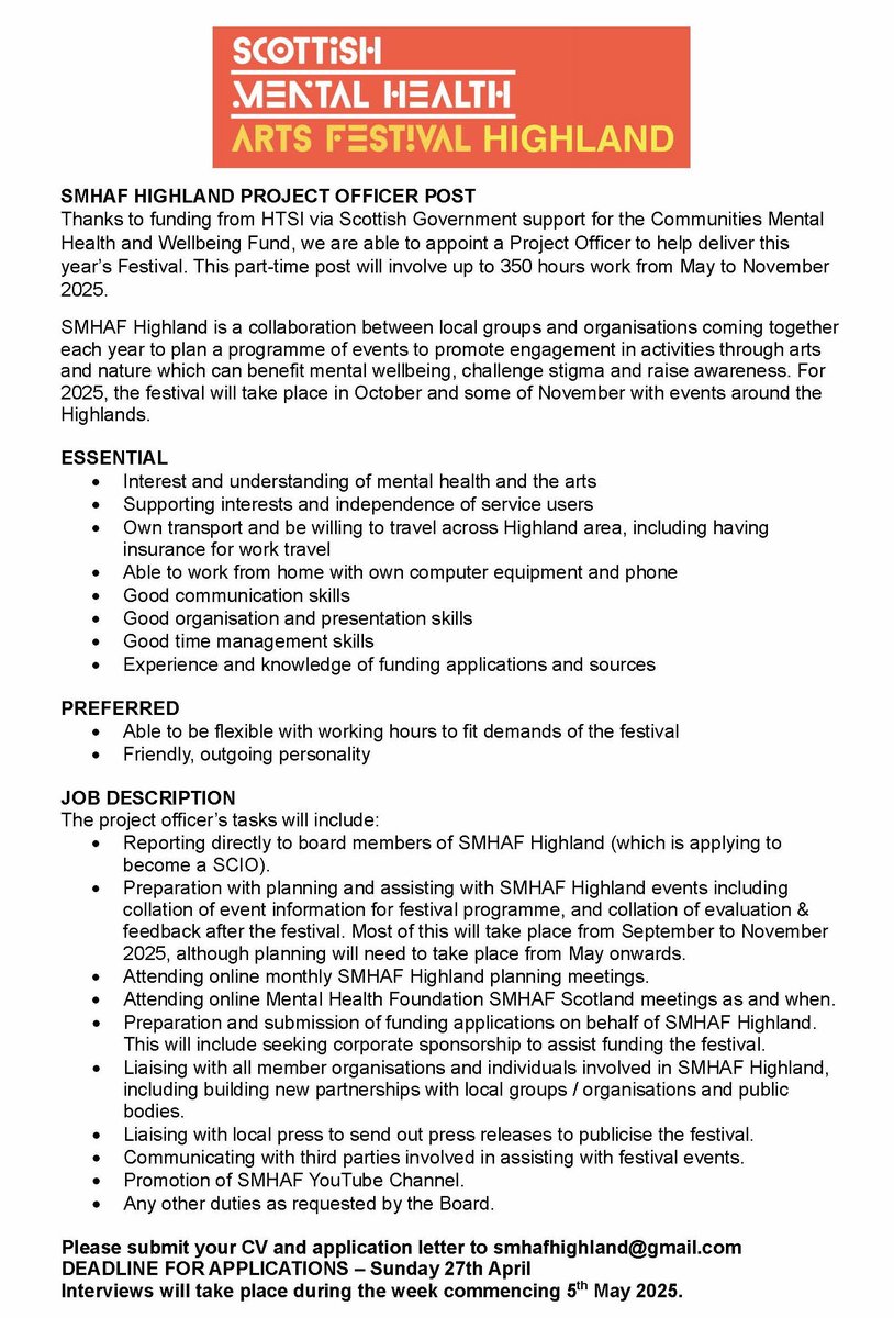 SMHAF Highland (@highlandsmhaff) on Twitter photo SMHAF HIGHLAND PROJECT OFFICER POST
Part-time post from May - November 2025
Details: smhafhighland.wordpress.com/job/
Submit your CV and application letter to smhafhighland@gmail.com
DEADLINE FOR APPLICATIONS – Sunday 27th April 2025. Interviews via Zoom during the week of 5th May 2025. SMHAF HIGHLAND PROJECT OFFICER POST
Part-time post from May - November 2025
Details: smhafhighland.wordpress.com/job/
Submit your CV and application letter to smhafhighland@gmail.com
DEADLINE FOR APPLICATIONS – Sunday 27th April 2025. Interviews via Zoom during the week of 5th May 2025.