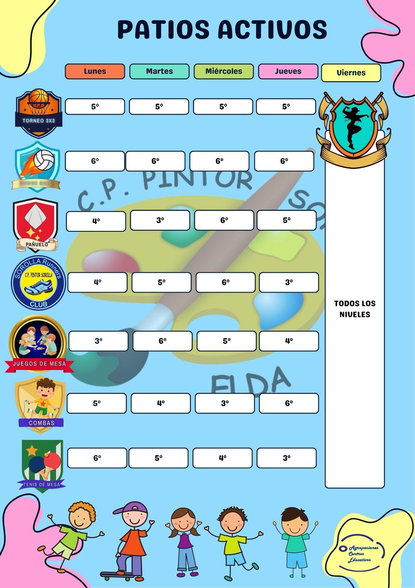 PintorSorolla's tweet photo. Prepárate para los #PATIOSACTIVOS de este TERCER TRIMESTRE. Aquí tienes un avance de lo que te espera!!!!
Juegos de mesa, 3x3, dodgeball, juegos de mesa, baile y nuestro #SorollaRunnersClub
https://t.co/vD32sUUbNM https://t.co/QRlclTdOkj