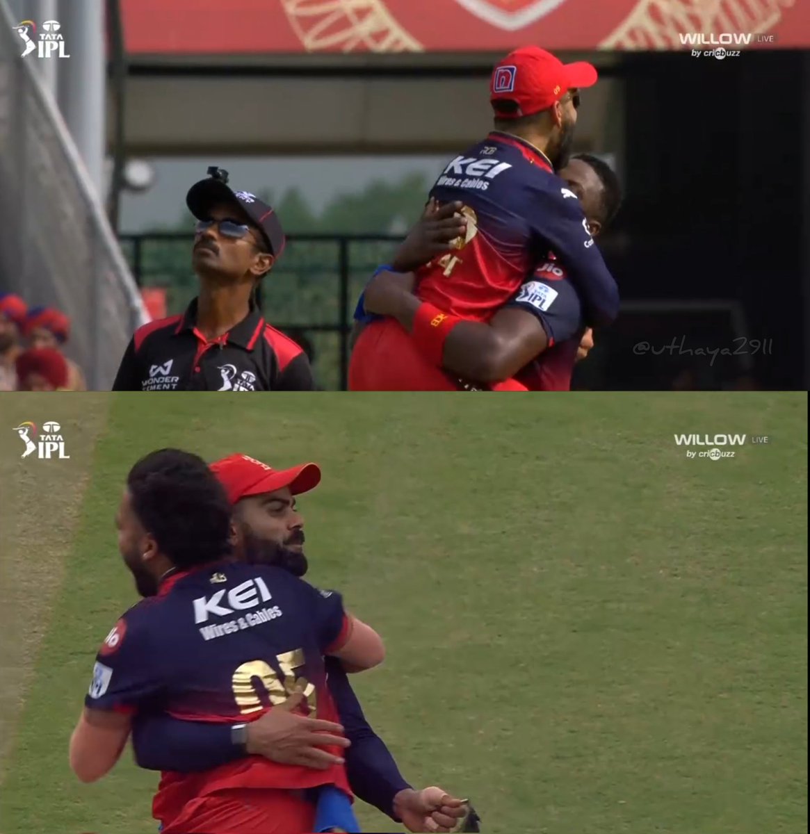 ram_swami_960's tweet photo. Virat Kohli Celebration with Shepherd🔥 Virat Kohli 🕺✌️

#PBKSvRCB https://t.co/LLq8sWH7wo